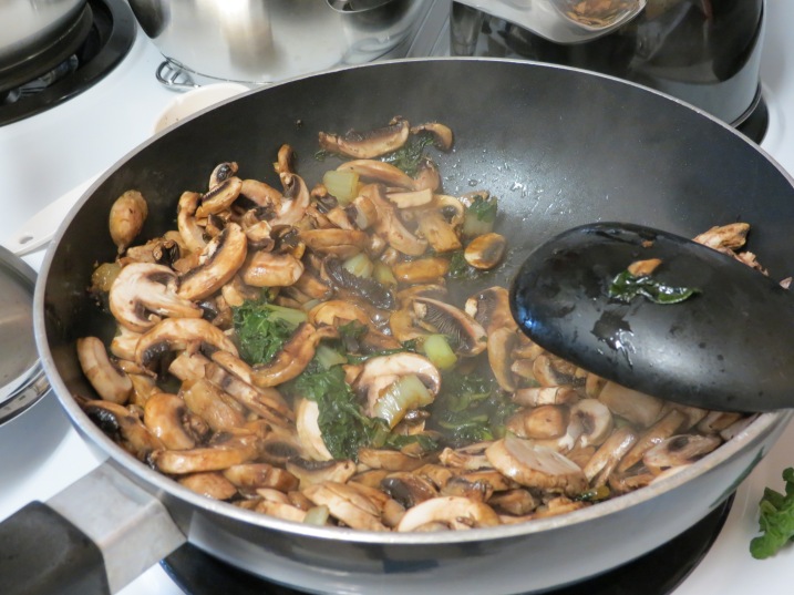 Sauteeing mushrooms and bok choy